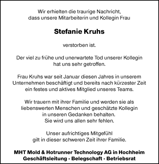 Traueranzeige von Stefanie Kruhs von Hochheimer Zeitung