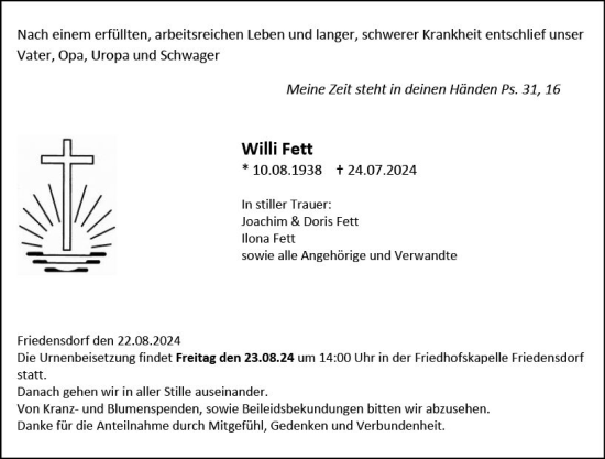 Traueranzeige von Willi Fett von Hinterländer Anzeiger