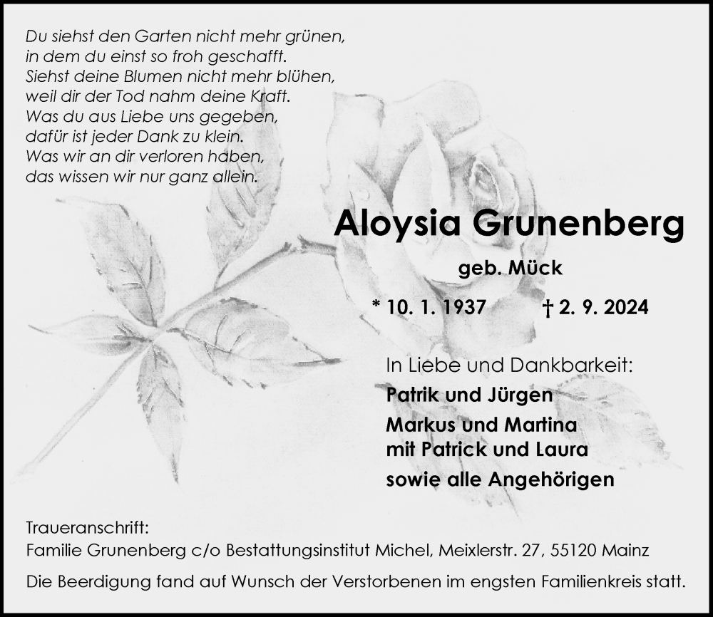  Traueranzeige für Aloysia Grunenberg vom 14.09.2024 aus Allgemeine Zeitung Mainz