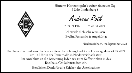 Traueranzeige von Andreas Roth von Wetzlarer Neue Zeitung