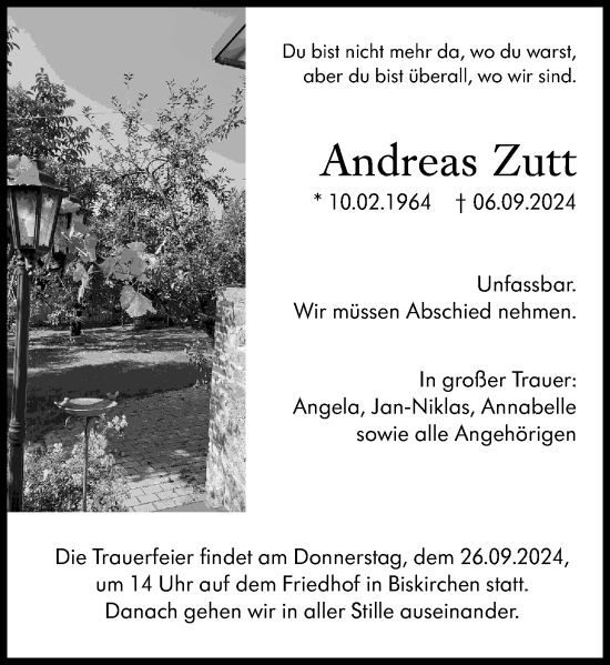 Traueranzeige von Andreas Zutt von Wetzlarer Neue Zeitung