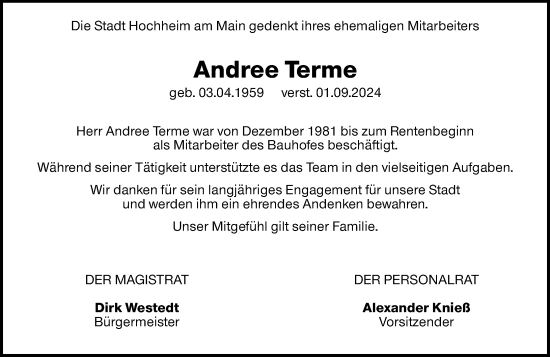 Traueranzeige von Andree Terme von Hochheimer Zeitung