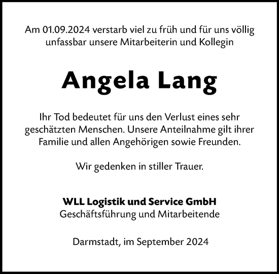 Traueranzeige von Angela Lang von Dieburger Anzeiger/Groß-Zimmerner Lokal-Anzeiger