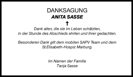 Traueranzeige von Anita Sasse von Hinterländer Anzeiger