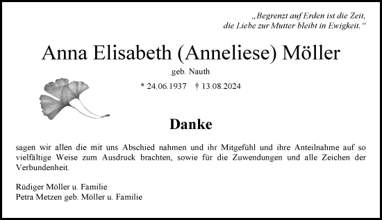 Traueranzeige von Anna Elisabeth Möller von Allgemeine Zeitung Mainz