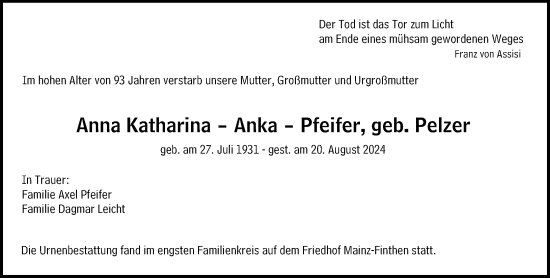 Traueranzeige von Anna Katharina Pfeifer von Allgemeine Zeitung Mainz