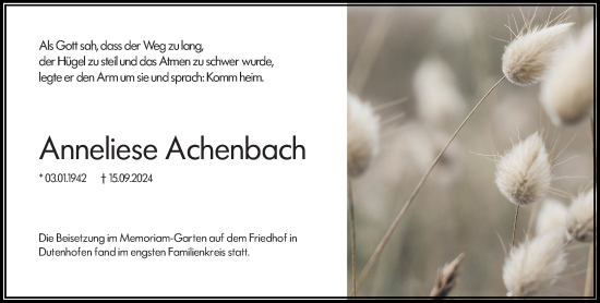 Traueranzeige von Anneliese Achenbach von Wetzlarer Neue Zeitung