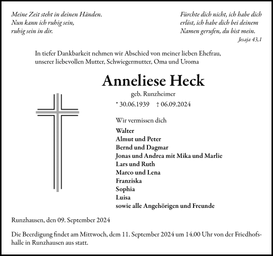Traueranzeige von Anneliese Heck von Hinterländer Anzeiger