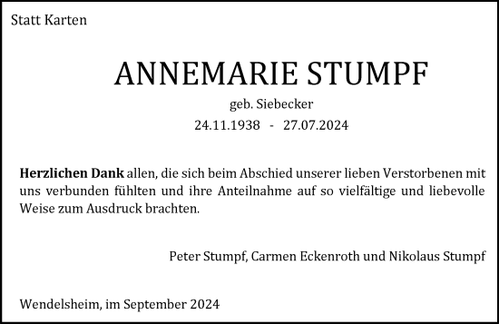 Traueranzeige von Annemarie Stumpf von Allgemeine Zeitung Alzey