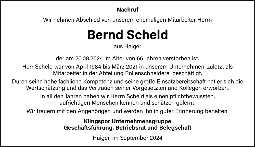  Traueranzeige für Bernd Scheld vom 05.09.2024 aus Dill Block