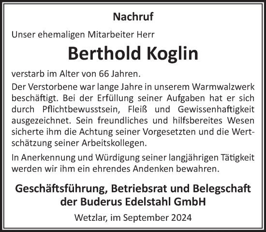 Traueranzeige von Berthold Koglin von Wetzlarer Neue Zeitung