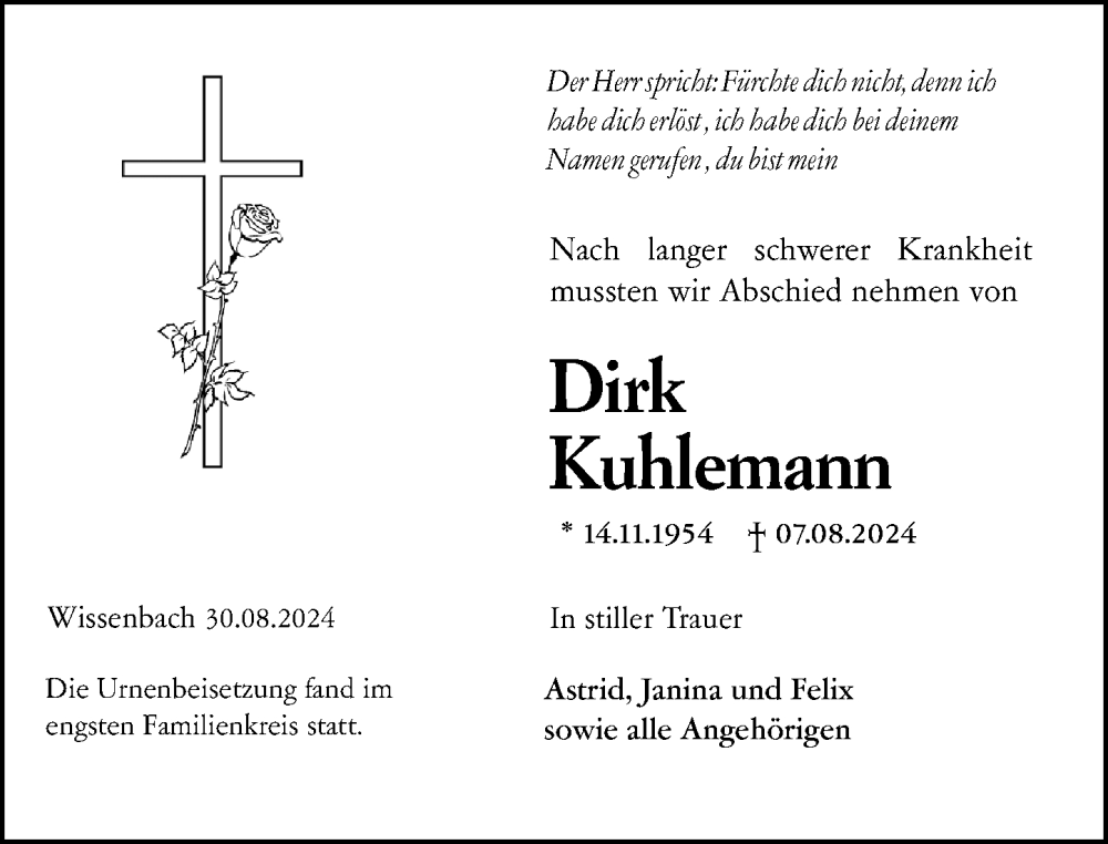  Traueranzeige für Dirk Kuhlemann vom 03.09.2024 aus Dill Block