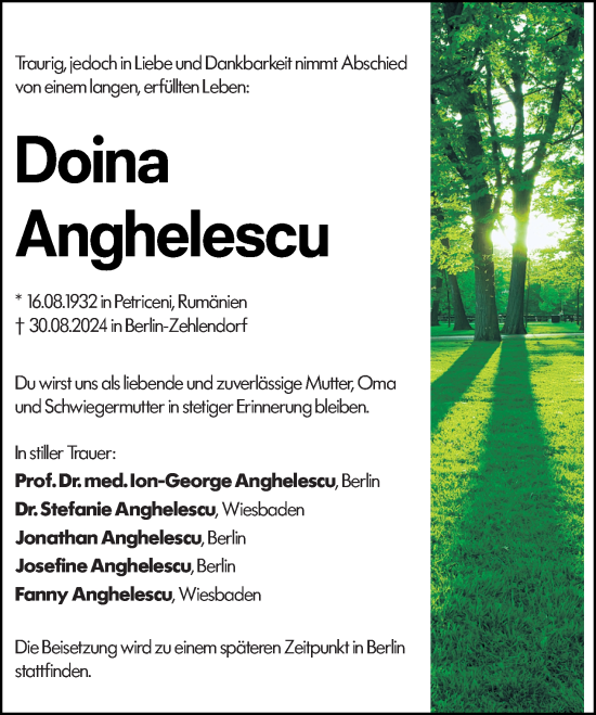 Traueranzeige von Doina Anghelescu von Wiesbadener Kurier