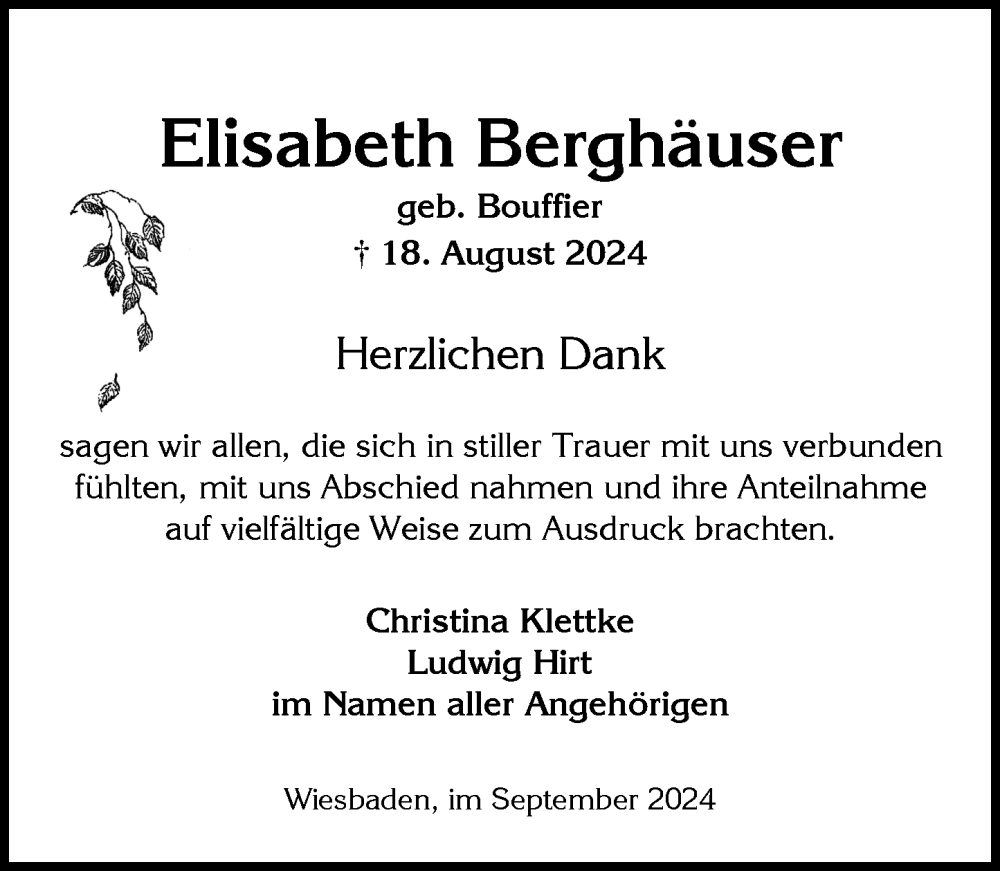  Traueranzeige für Elisabeth Berghäuser vom 14.09.2024 aus Wiesbadener Kurier