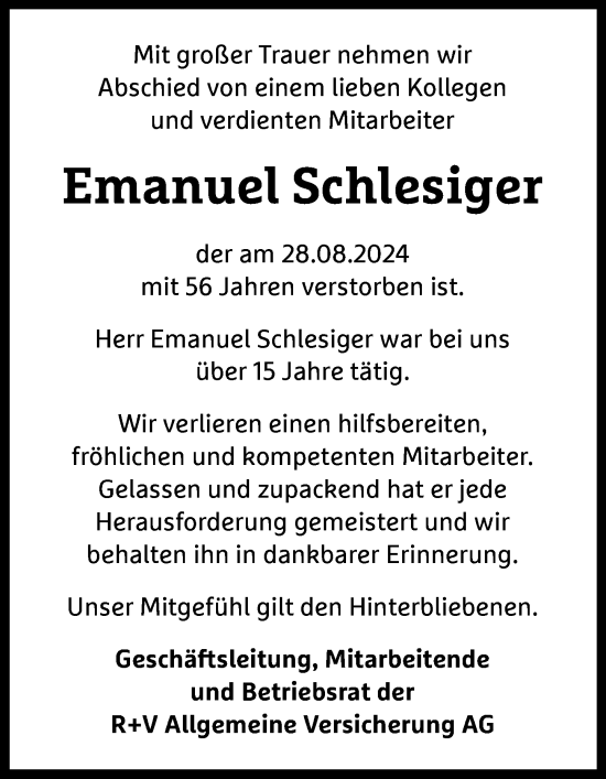 Traueranzeige von Emanuel Schlesiger von Wiesbadener Kurier