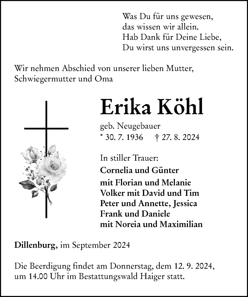  Traueranzeige für Erika Köhl vom 09.09.2024 aus Dill Block