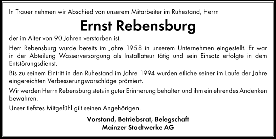 Traueranzeige von Ernst Rebensburg von Allgemeine Zeitung Mainz
