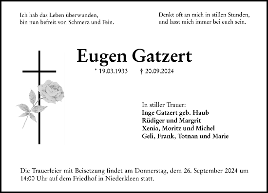 Traueranzeige von Eugen Gatzert von Wetzlarer Neue Zeitung