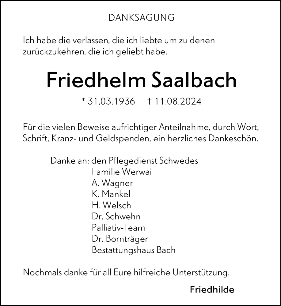  Traueranzeige für Friedhelm Saalbach vom 28.09.2024 aus Dill Block
