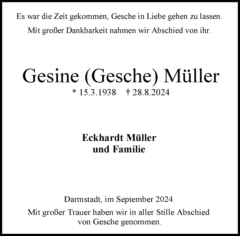  Traueranzeige für Gesine Müller vom 21.09.2024 aus Darmstädter Echo