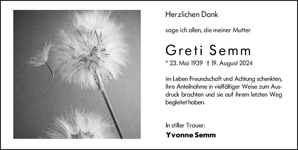  Traueranzeige für Greti Semm vom 13.09.2024 aus Hochheimer Zeitung