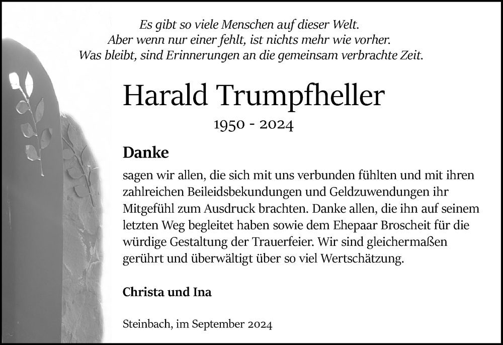  Traueranzeige für Harald Trumpfheller vom 21.09.2024 aus Odenwälder Echo