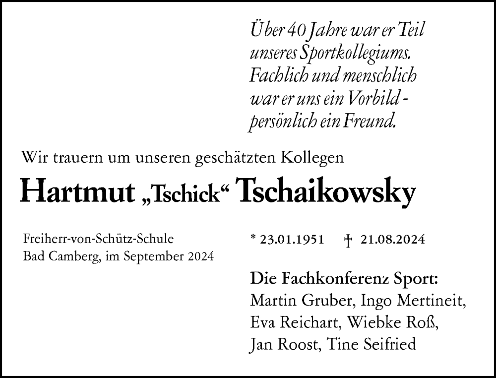  Traueranzeige für Hartmut Tschaikowsky vom 05.09.2024 aus Camberger Anzeiger