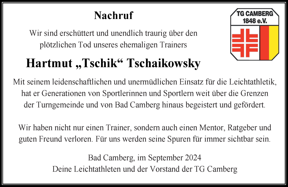  Traueranzeige für Hartmut Tschaikowsky vom 05.09.2024 aus Camberger Anzeiger