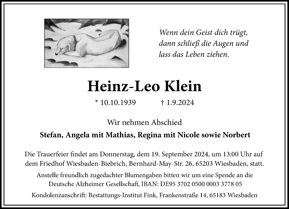  Traueranzeige für Heinz-Leo Klein vom 07.09.2024 aus Wiesbadener Kurier