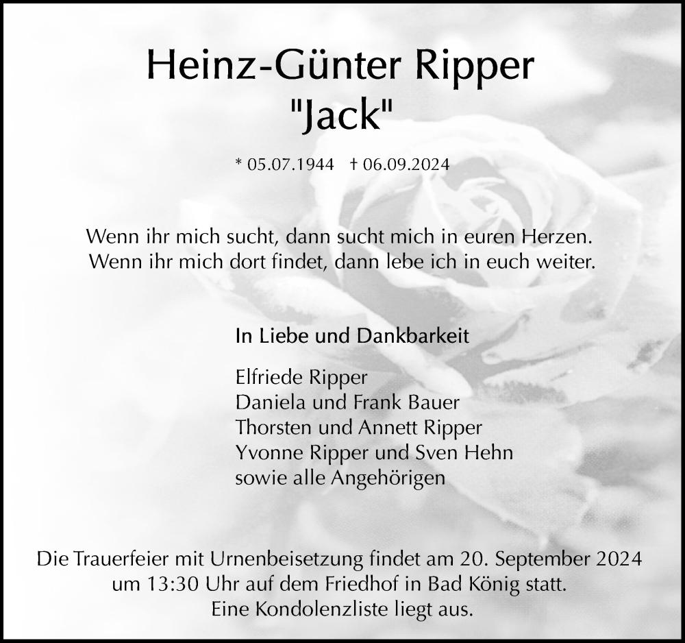  Traueranzeige für Heinz Günter Ripper vom 14.09.2024 aus Odenwälder Echo