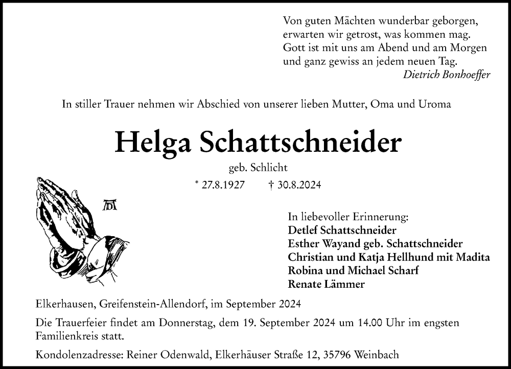  Traueranzeige für Helga Schattschneider vom 17.09.2024 aus Weilburger Tageblatt