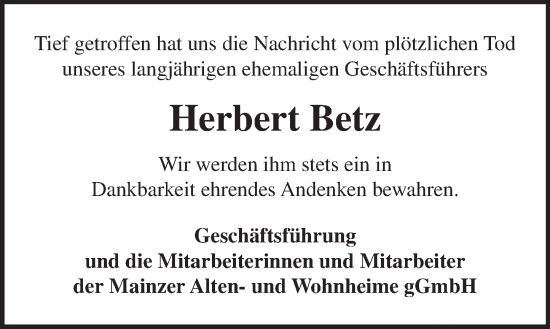 Traueranzeige von Herbert Betz von Allgemeine Zeitung Mainz