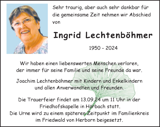 Traueranzeige von Ingrid Lechtenböhmer von Dill Block