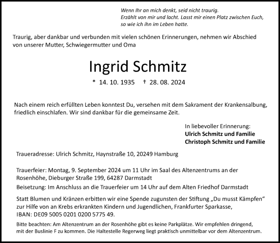 Traueranzeige von Ingrid Schmitz von Darmstädter Echo