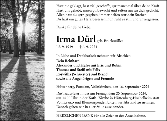 Traueranzeige von Irma Dürl von Wetzlarer Neue Zeitung