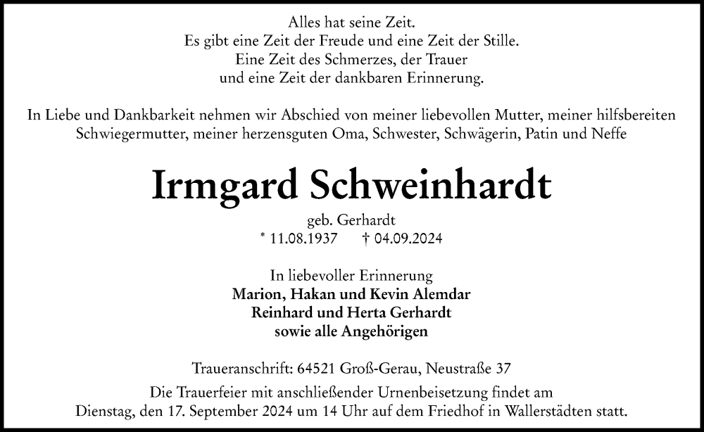  Traueranzeige für Irmgard Schweinhardt vom 14.09.2024 aus Groß-Gerauer Echo