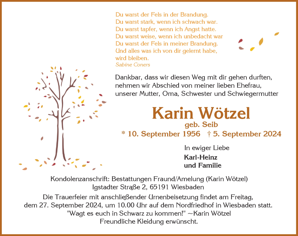  Traueranzeige für Karin Wötzel vom 21.09.2024 aus Wiesbadener Kurier