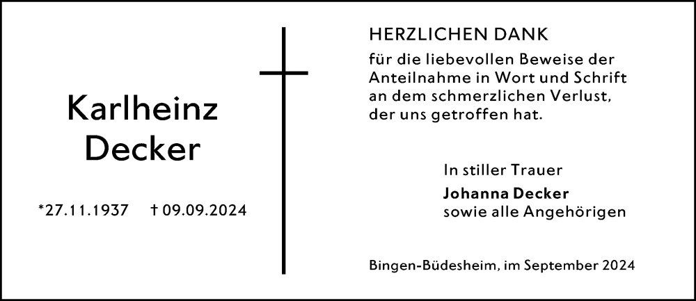  Traueranzeige für Karl-Heinz Decker vom 28.09.2024 aus Allgemeine Zeitung Rheinhessen-Nahe