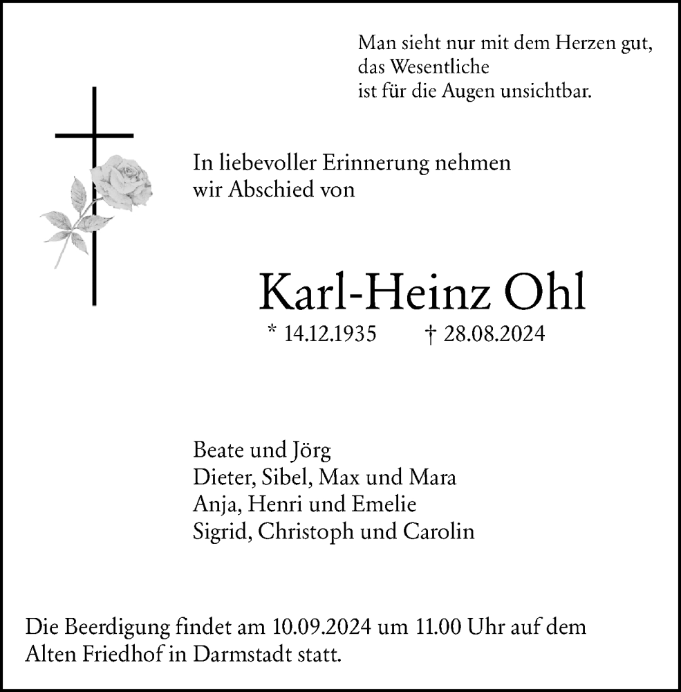  Traueranzeige für Karl-Heinz Ohl vom 07.09.2024 aus Darmstädter Echo