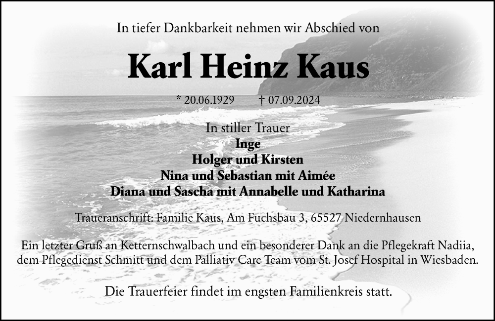  Traueranzeige für Karl Heinz Kaus vom 14.09.2024 aus Wiesbadener Kurier