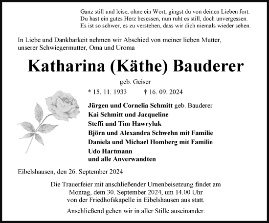 Traueranzeige von Katarina Bauderer von Dill Block