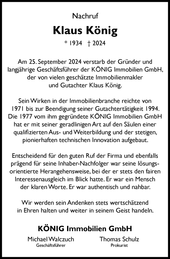 Traueranzeige von Klaus König von Allgemeine Zeitung Mainz