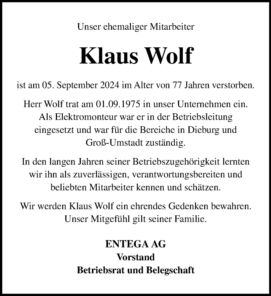  Traueranzeige für Klaus Wolf vom 14.09.2024 aus Odenwälder Echo