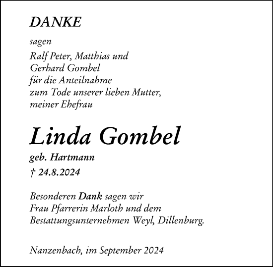 Traueranzeige von Linda Gombel von Dill Block