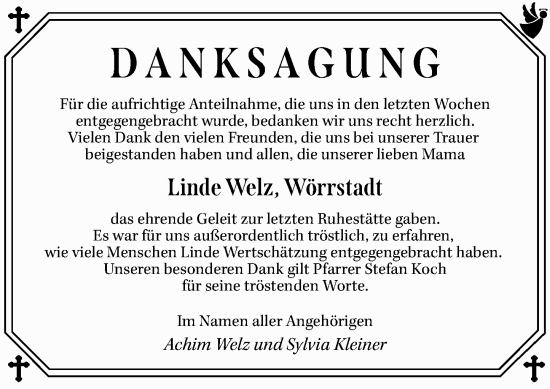 Traueranzeige von Linde Welz von Allgemeine Zeitung Alzey