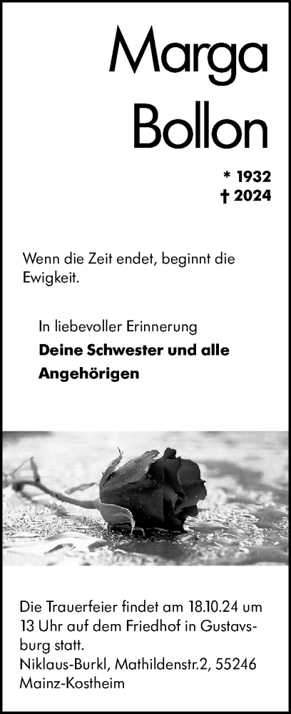 Traueranzeige von Marga Bollon von Allgemeine Zeitung Mainz