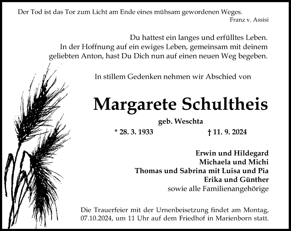  Traueranzeige für Margarete Schultheis vom 28.09.2024 aus Allgemeine Zeitung Mainz