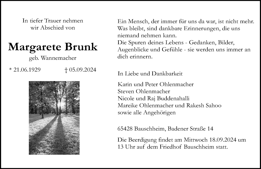  Traueranzeige für Margarethe Brunk vom 14.09.2024 aus Rüsselsheimer Echo