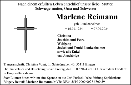 Traueranzeige von Marlene Reimann von Allgemeine Zeitung Rheinhessen-Nahe