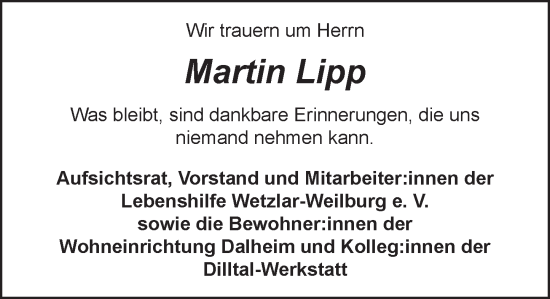 Traueranzeige von Martin Lipp von Weilburger Tageblatt